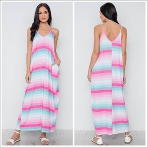 Multi Color Stripe Maxi Dress White,Aqua, Pink